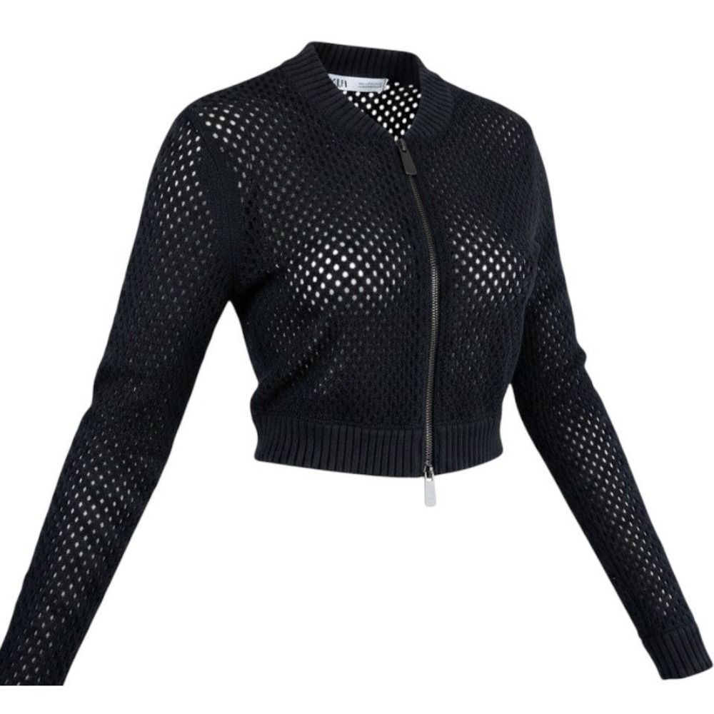 Zara Black Cropped Open Knit Bomber Cardigan Jacket Small Zip Front Sweater